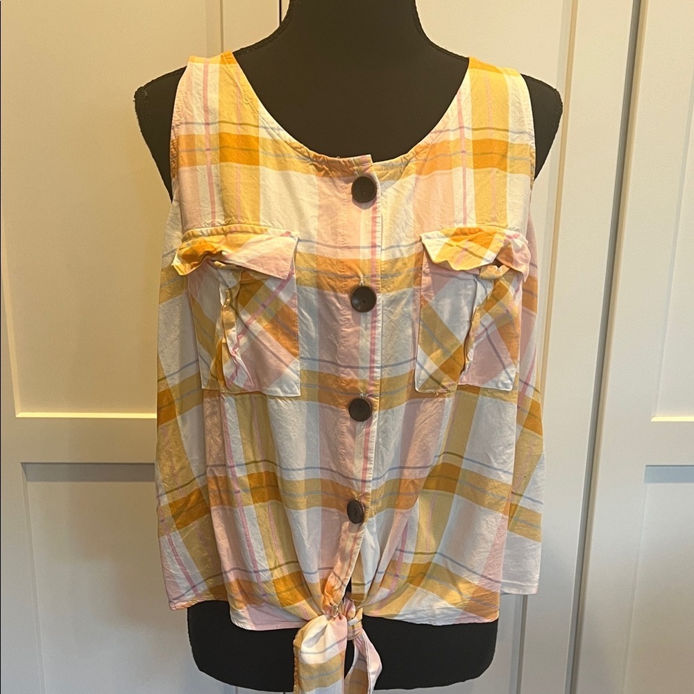 a.n.a Sleeveless Plaid Tie-Front Blouse